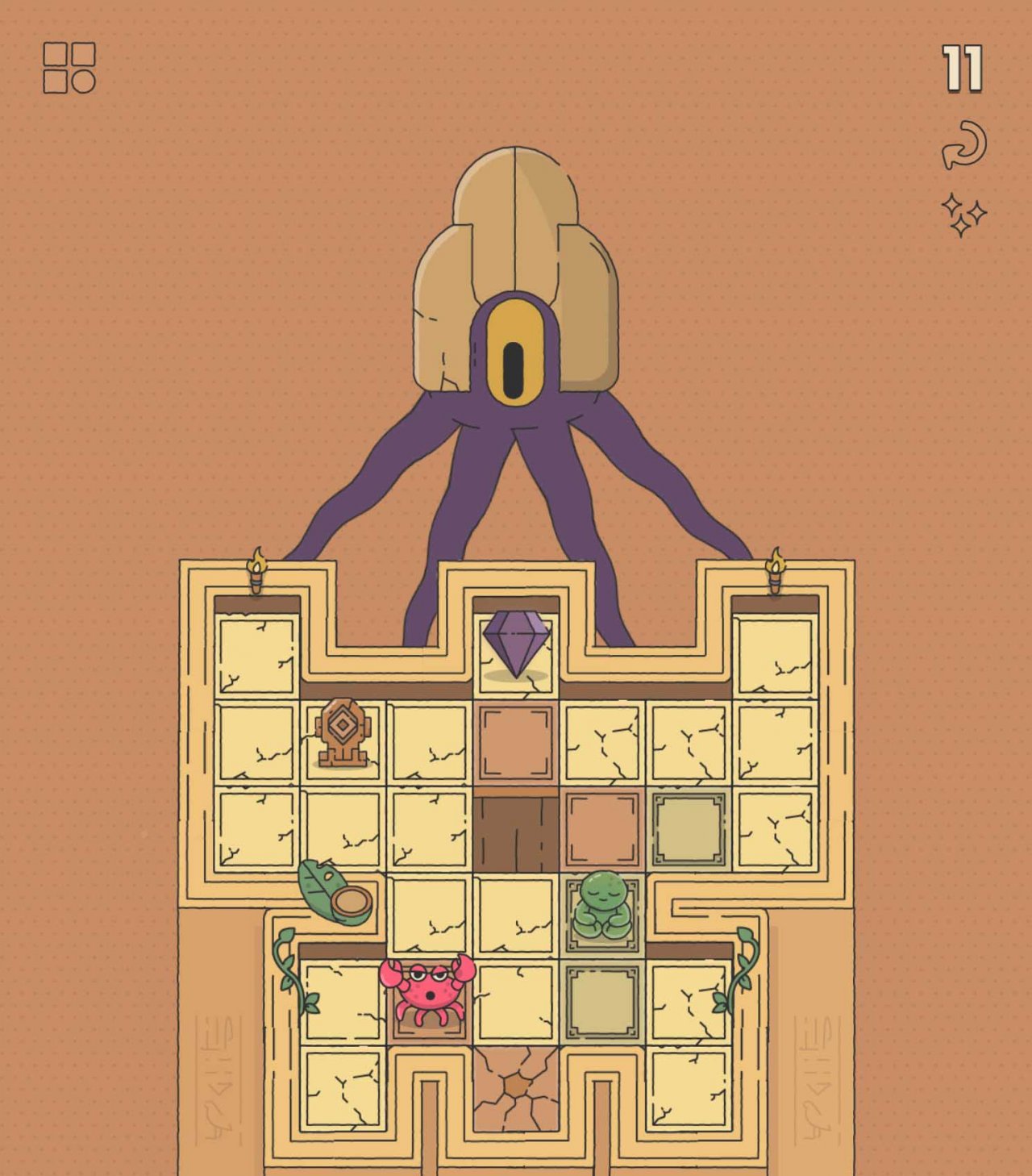 a giant tentacled guardian watching over a crab in a temple grid
