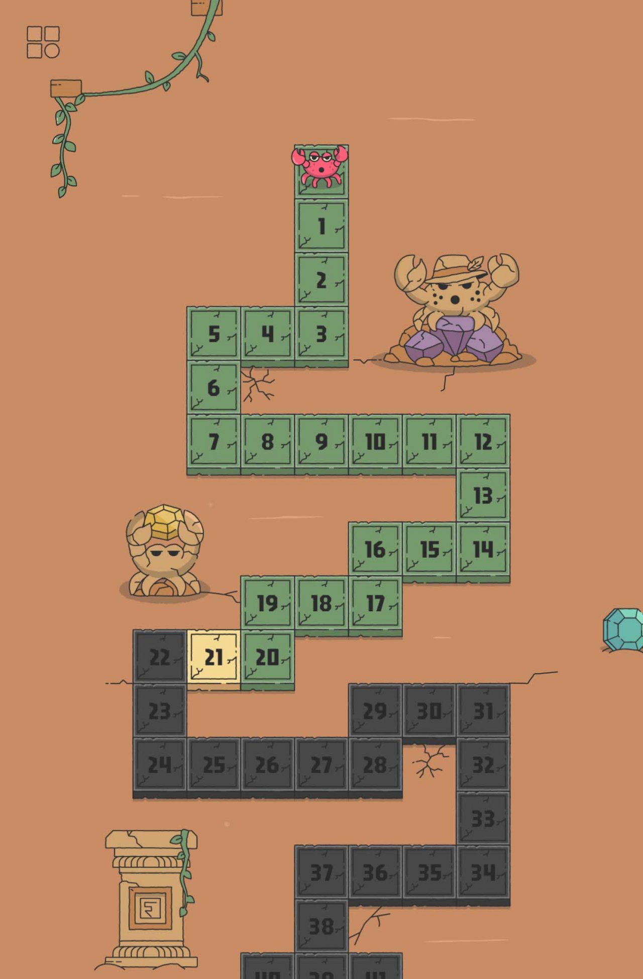numbered stages with the crab's sculptures on the side