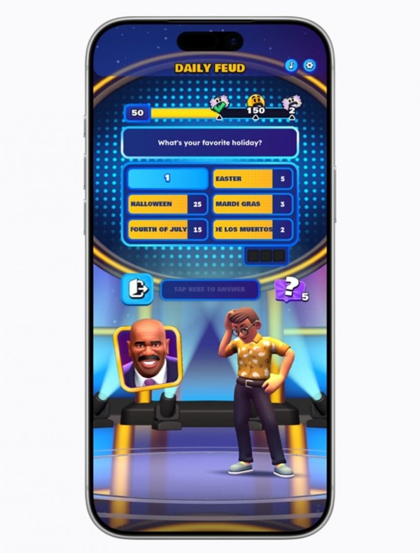A picture of a Family Feud-style game, with the face of Steve Harvey looking on in game style.