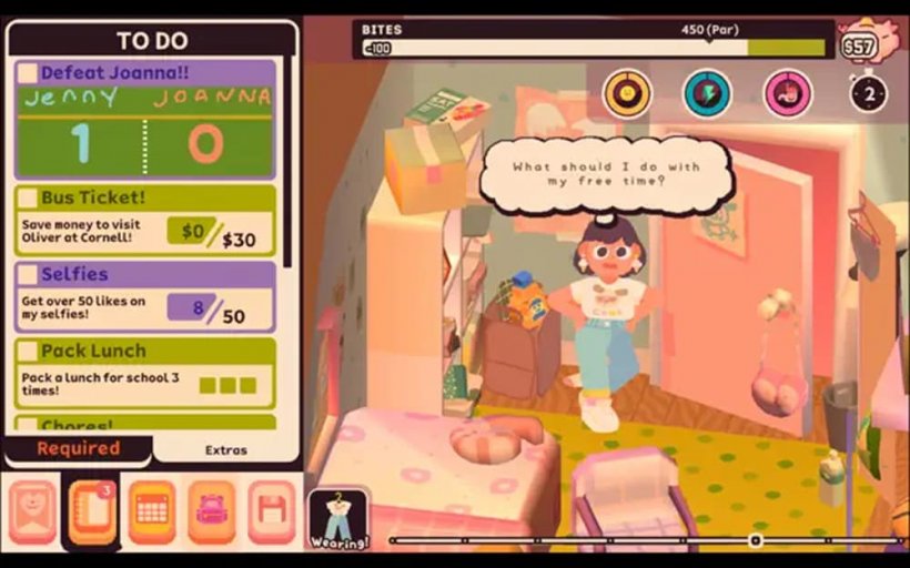 A young girl stands in her bedroom wondering 'what do I do with my free time', on the left side of the screen a densely packed personal planner forms part of a game UI.