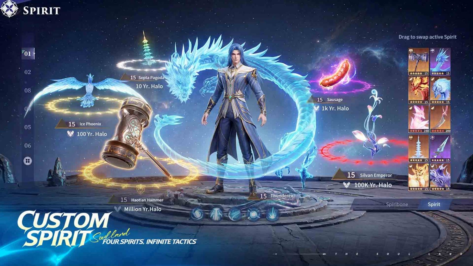 a spirimaster with different spirits to equip on a menu