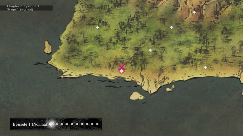 An image of a paper-style map showing the island of Shinsenkyo and a pair of crossed pink swords showing the player's location.