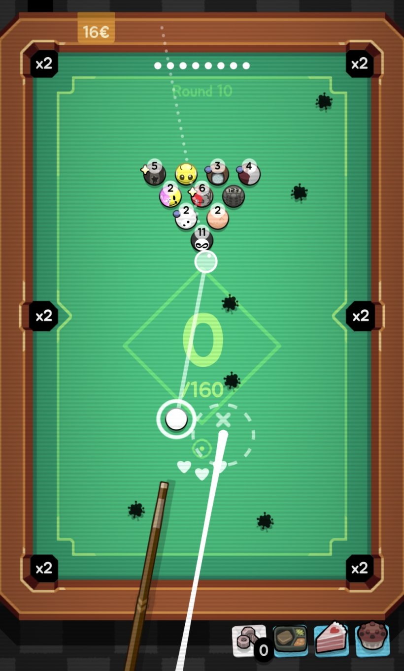 Lining up a shot on a pool table that is littered with surprisingly helpful oil slicks