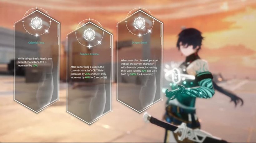 An image of an anime character in the background with options for choosing upgrades hovering in front of them.