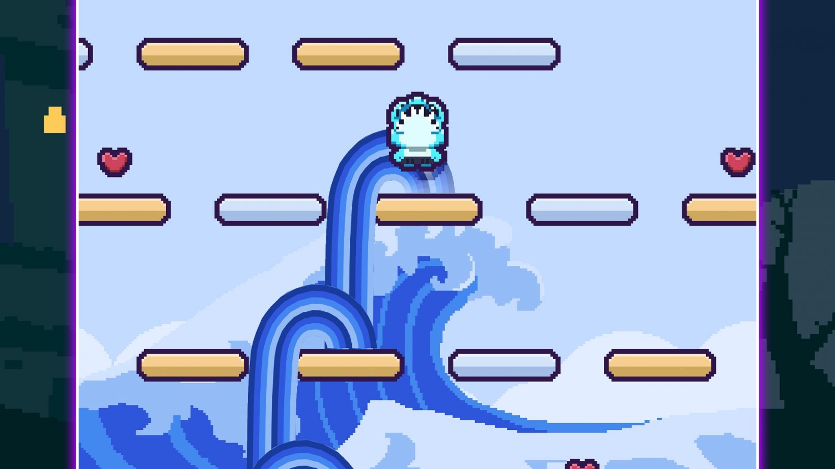 an alien-like creature jumping on platforms with a big wave behind