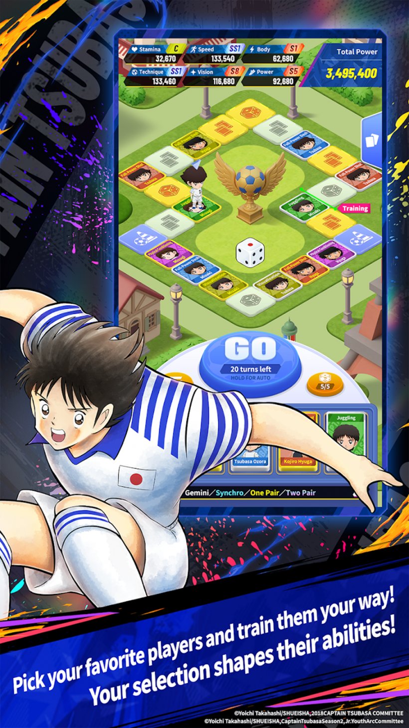 An image of gameplay from Captain Tsubasa showing chibified versions of the players headed around a game board.