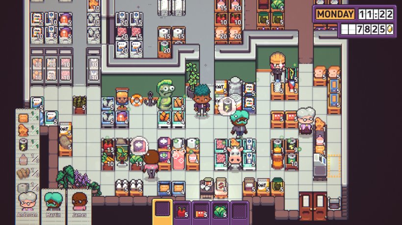 A top-down image of a retro supermarket with customers walking around.