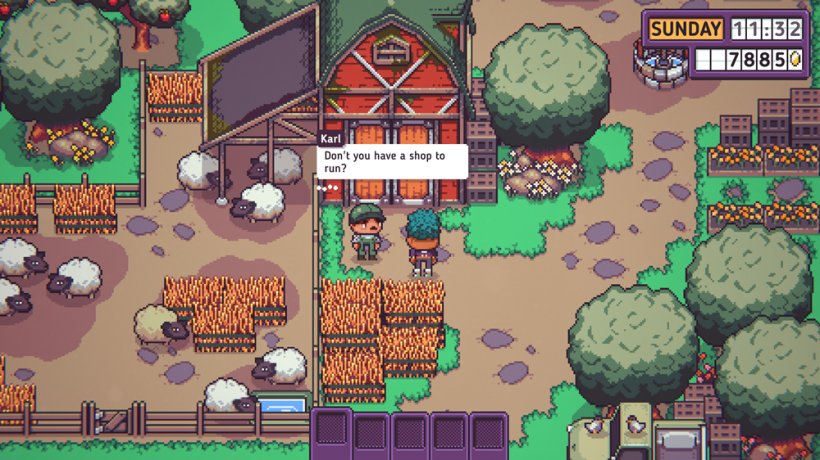 The player character in Discounty outside a stereotypical red barn, the farmer is asking if they don't have a store to run in a sarcastic way.