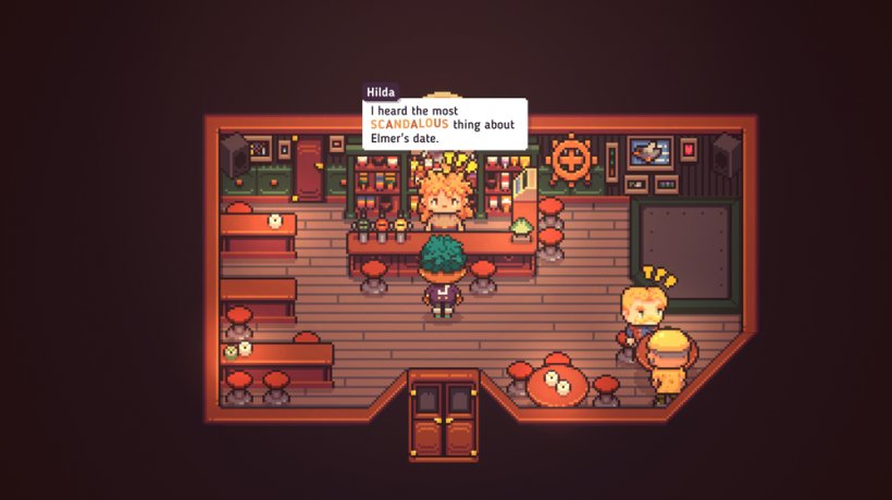 A woman in a bar gossips with the bartender while someone across the room drinks with another.