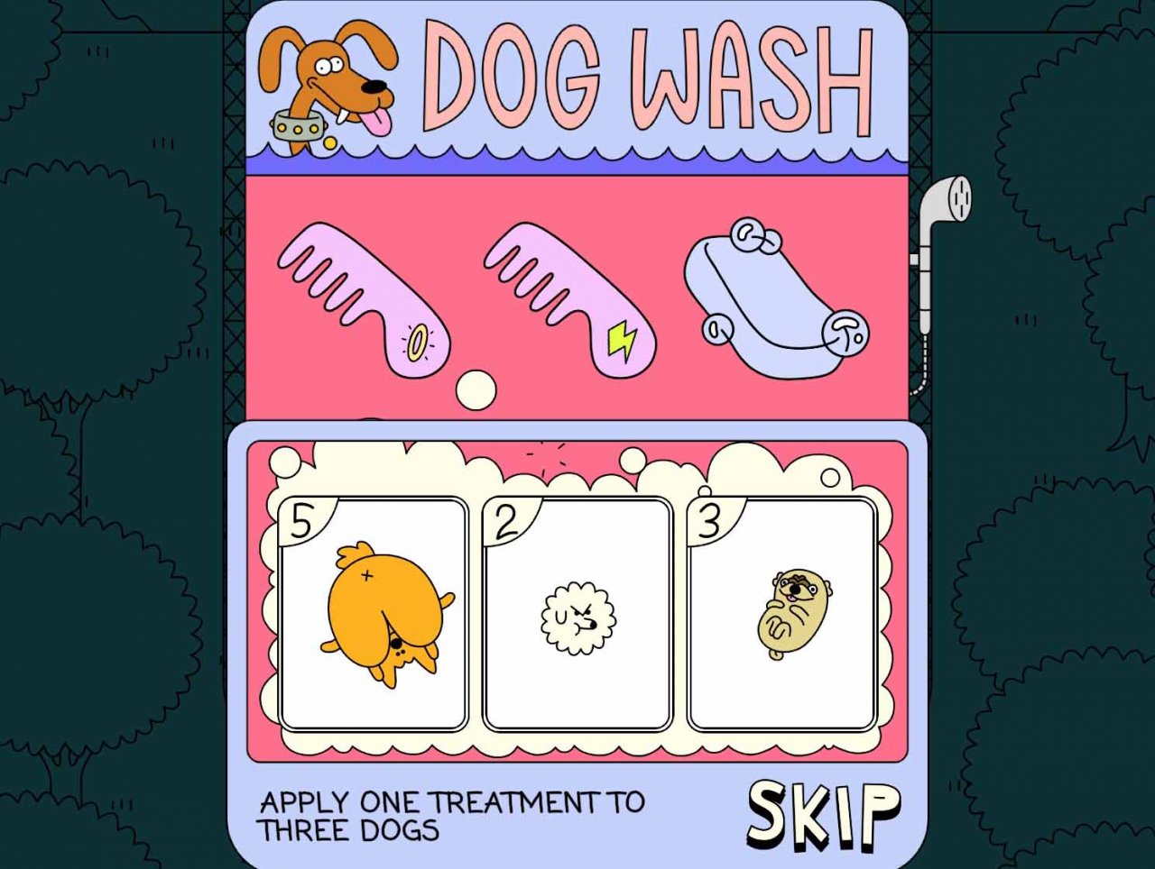 dog wash with dog icons, combs, and a bath