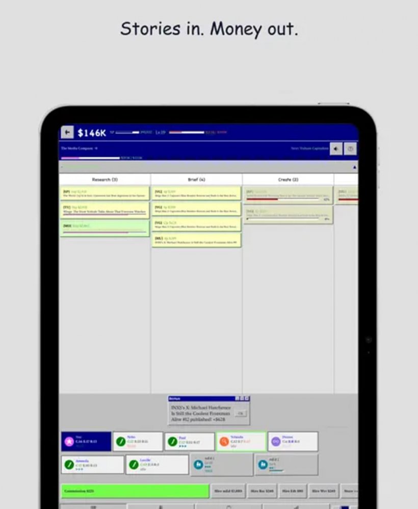 An image of Kanban board-style tracking showing different news stories moving across a screen in The Completionist: 1990-1999.