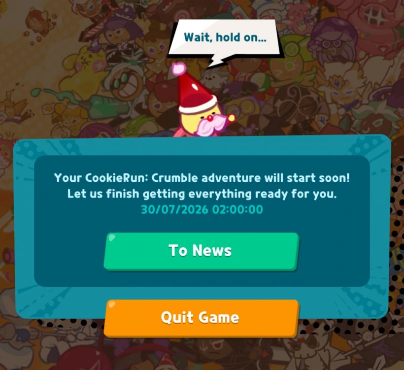A cookie sitting above a banner that explains Cookie Run Crumble's release date and time in the UK