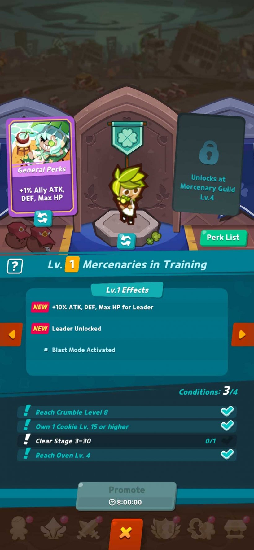 An image of a green-haired cartoon cookie standing on a plinth with two banners next to them.
