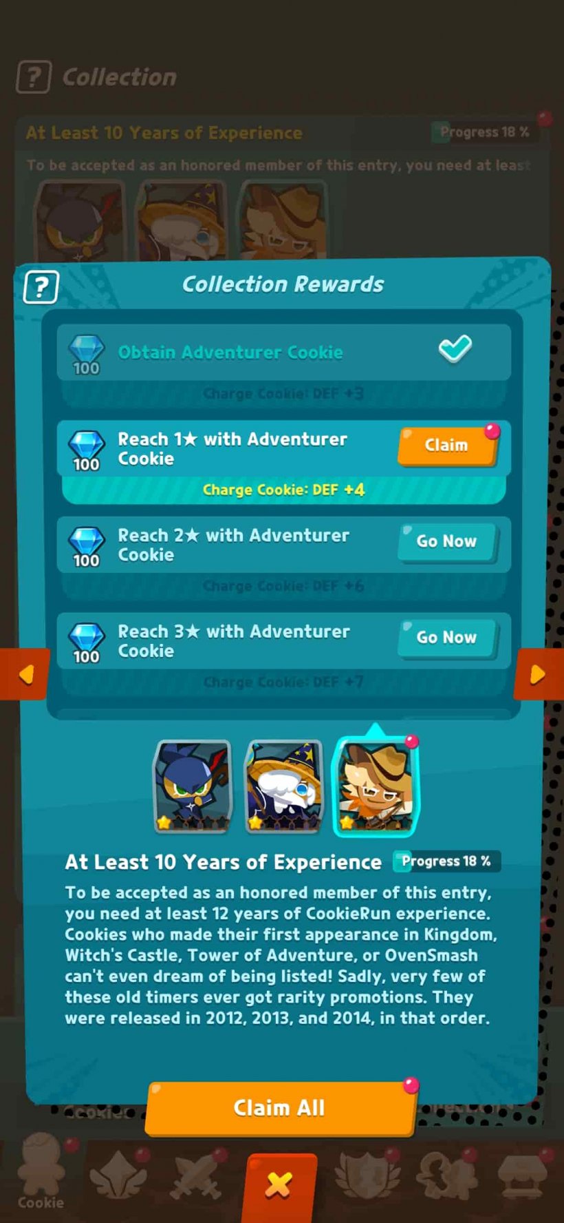 An image of 'rewards' available as part of a cartoon collection of cookies, including boosts to various RPG-style stats.
