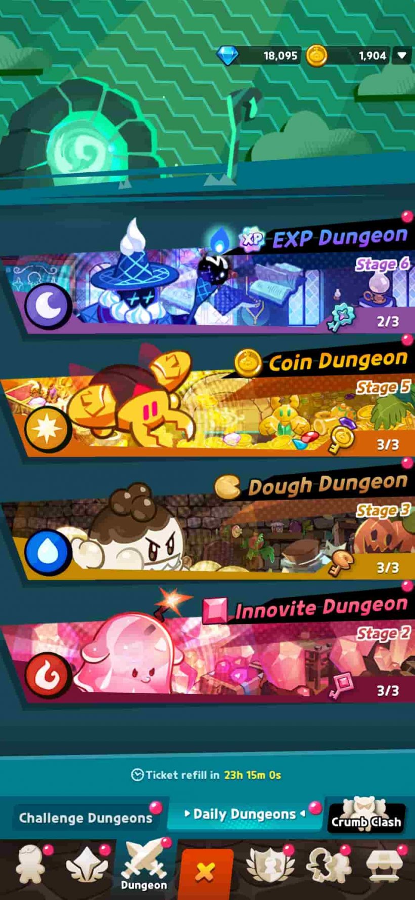 An image of 'dungeons' the player can delve in CookieRun: Crumble, showing various rewards for stuff like EXP and 'innovite'
