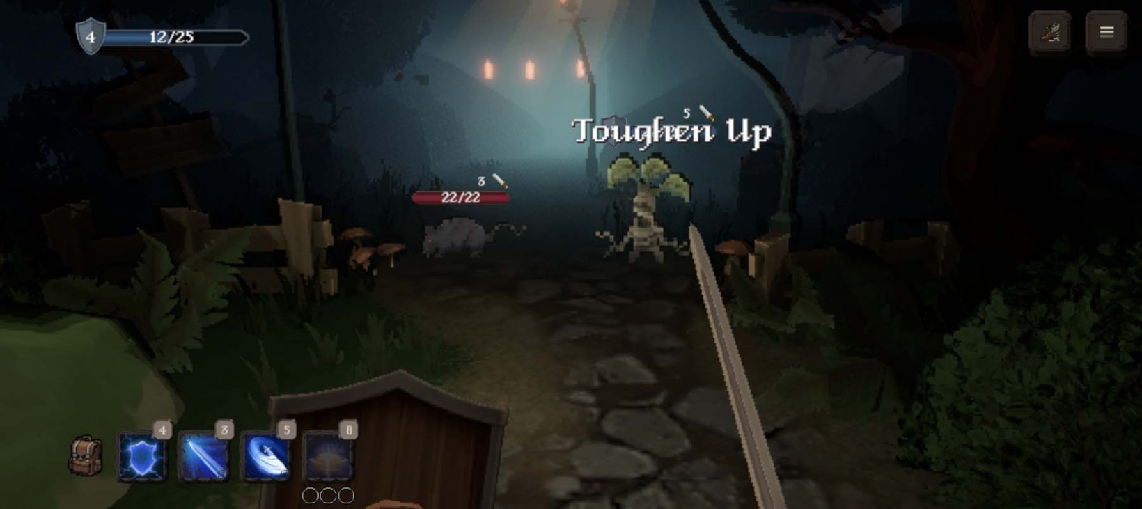 a sword facing off against a mandrake in a dark dungeon
