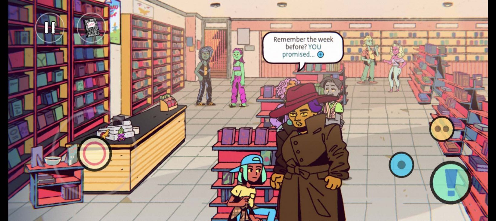 a teenage girl crouching behind shelves at a video store
