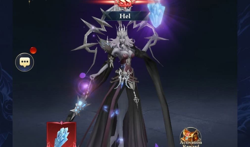 Hel the dark mage with a long black dress and a bone crown