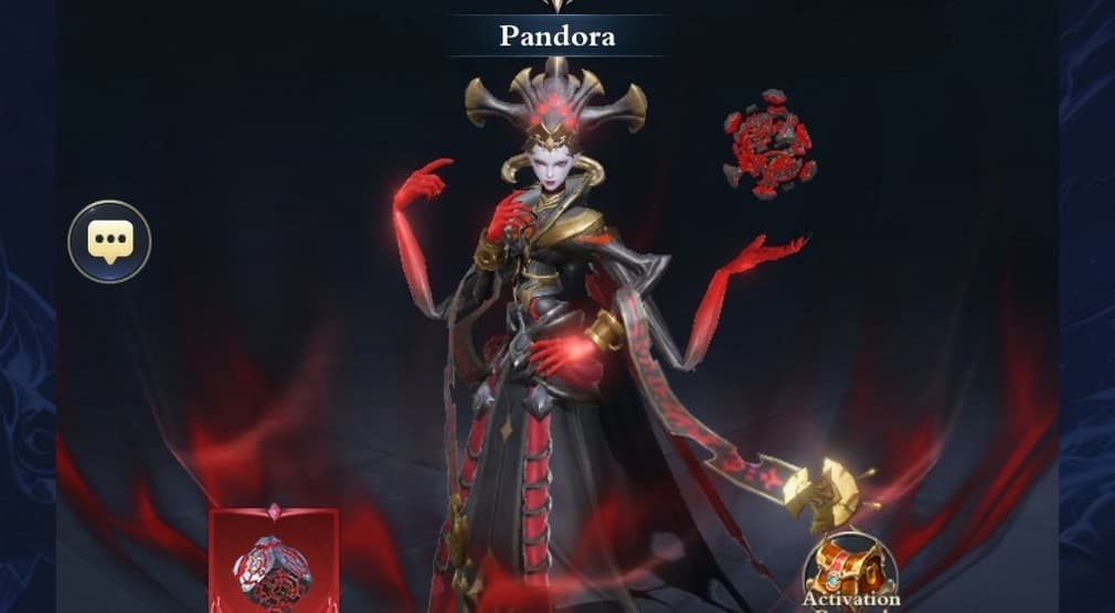 Pandora the dark mage, holding her box, wearing a dark twisted crown