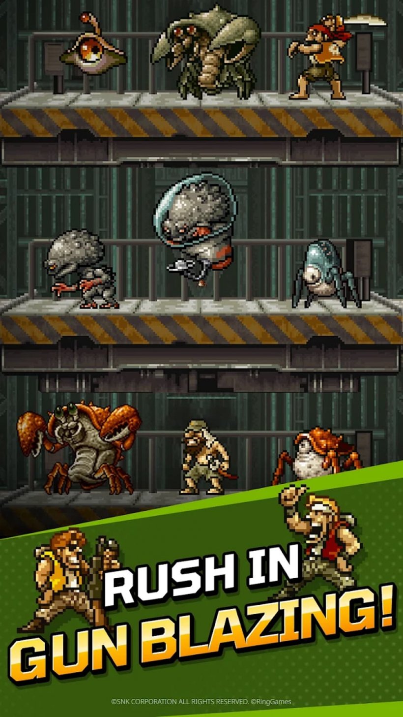 An image of various Metal Slug enemies stacked up on metal shelving with the two main characters grinning and giving thumbs up.