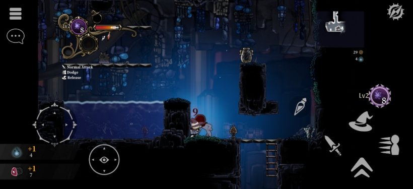 Never Grave's protagonist faces off against an enemy by a ladder in an underground dungeon