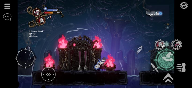 The main character possessing another creature stands outside a horrifying gate with four red flames