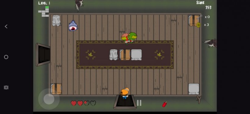 two zombies run into one another while a giant eye ball walks along the left side of the screen