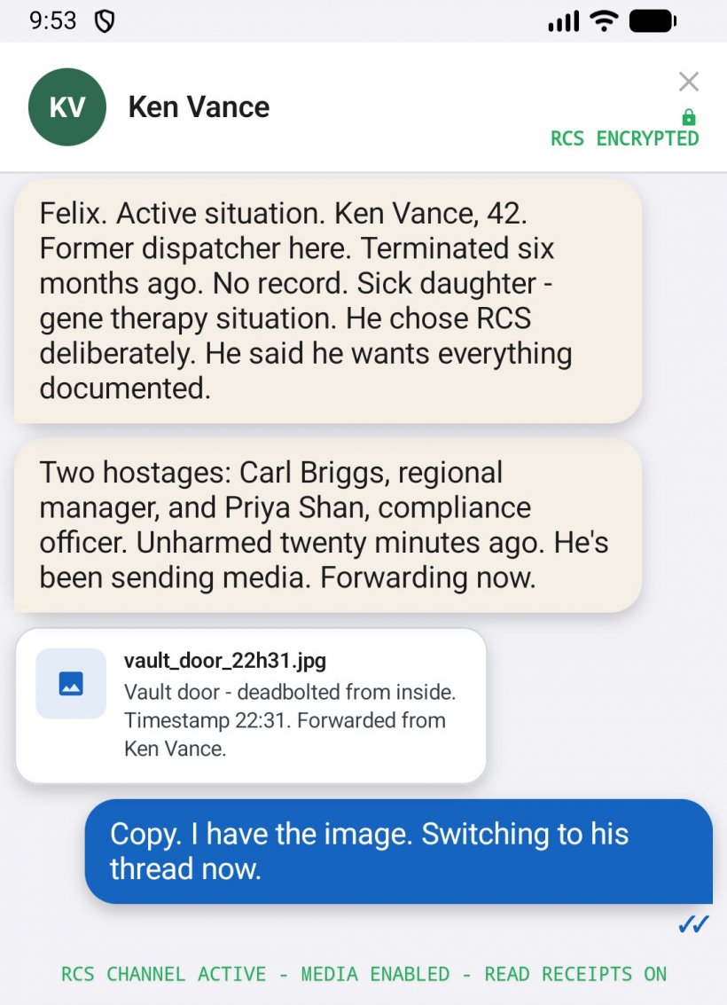 an in-game screenshot showing a text exchange between an operator and felix fandor