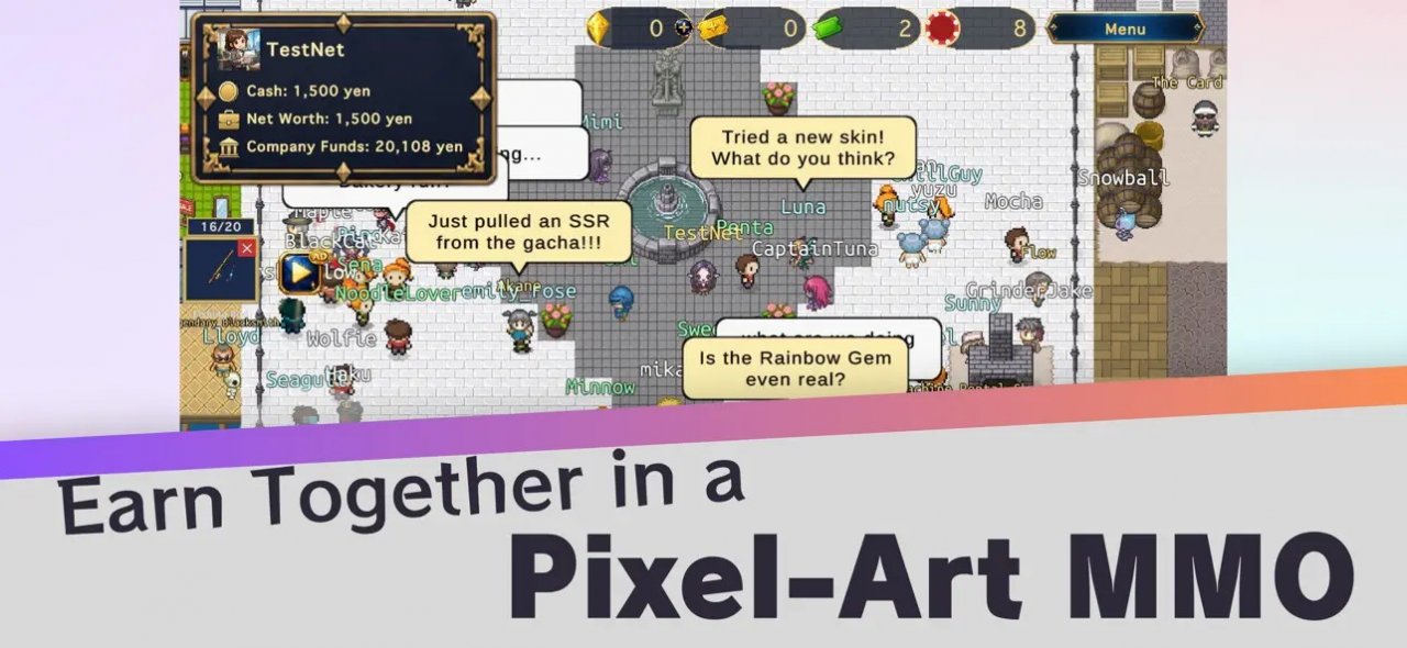 a pixel art MMO screenshot showcasing vibrant characters and a detailed fantasy landscape