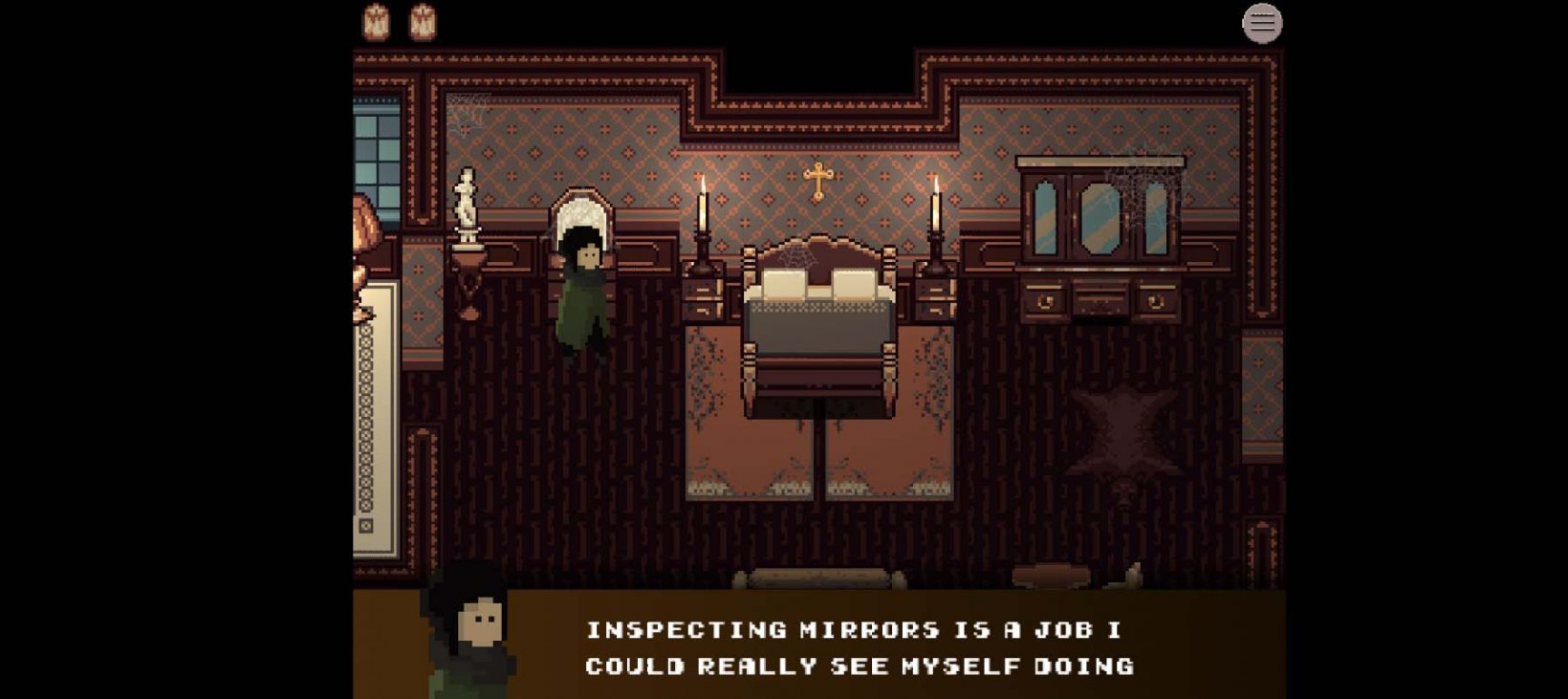 a snarky protagonist making quips about mirrors in a bathroom