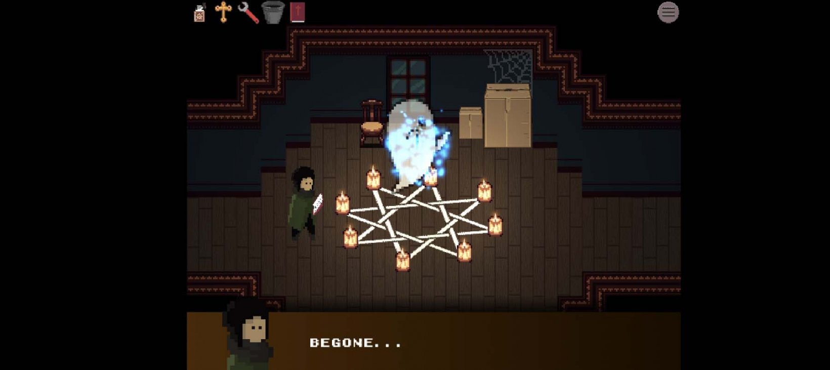 a ghost being exorcised in the middle of chalk drawings and candles
