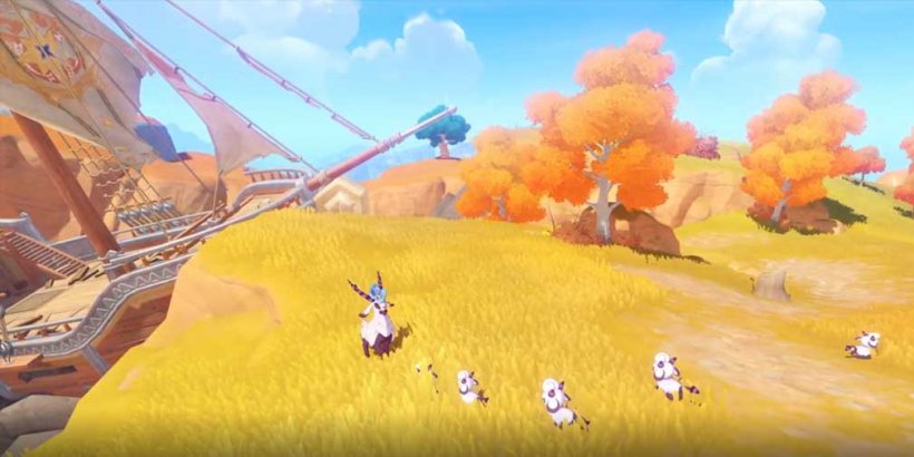 a wide open field with cute creatures roaming around and pirate ship in the distance