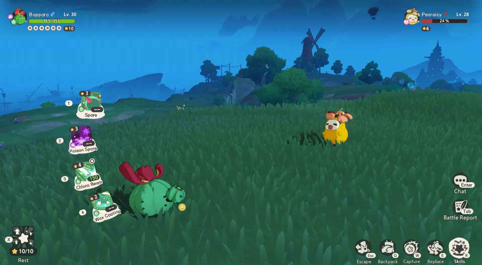 a cactus-looking jini battles a pear-looking jini with menu items detailing its skills