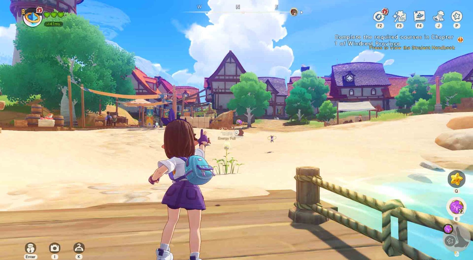 a girl with a blue backpack throws a ball at a jini from afar to try and catch it