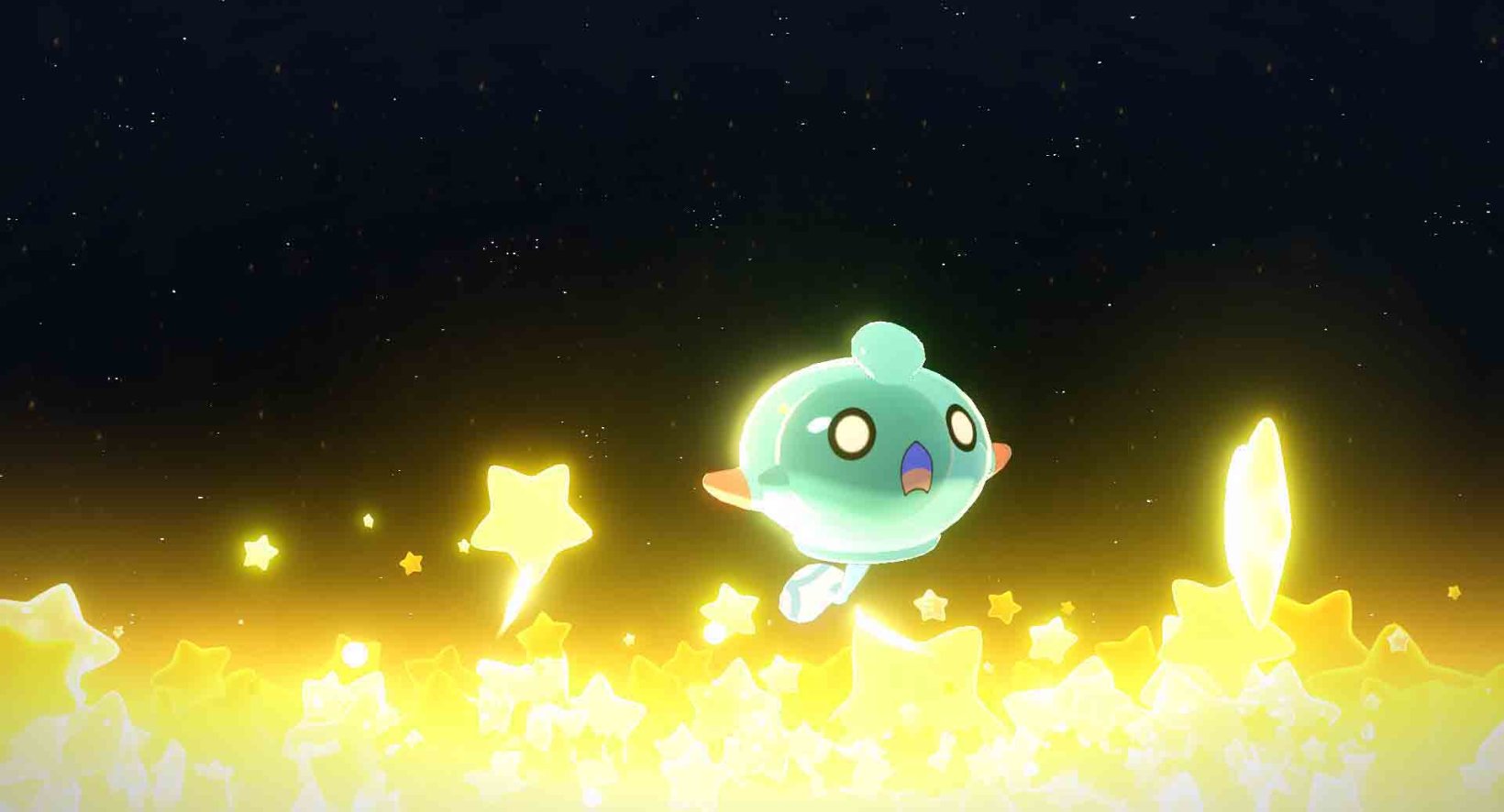 a blob-looking jini looks shocked as it evolves across a sea of stars