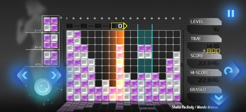 Purple and grey blocks fall onto the board with sillhouettes of people dancing in the background