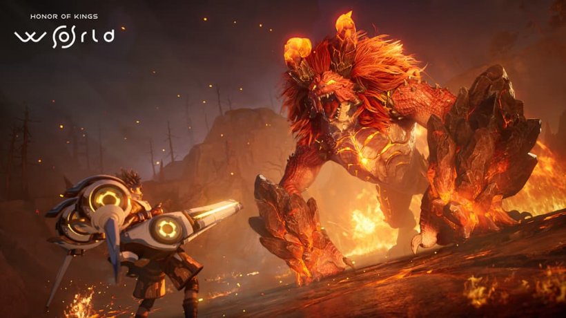 A small figure wielding enormous guns faces down an enormous lion-like, fire-wreathed beast.