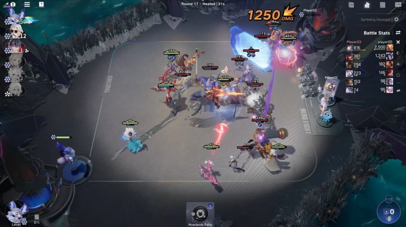 An image of an autochess battle in HoK: Ace showing a grid, cards and a UI as fantasy characters battle it out with numbers flying above them.