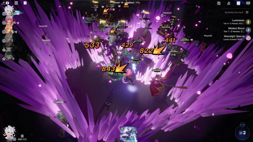 A similar scene to the previous one showing a dramatic explosion of purple light as fantasy characters battle it out in the explosion's shadow.