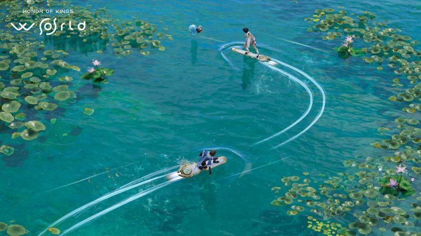 Two young people riding aboard magitech surfboards navigate a tranquil lake.