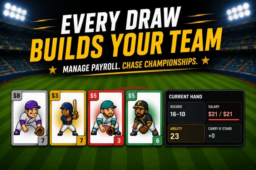 An image of baseball players on cards with the text 'every draw builds your team'