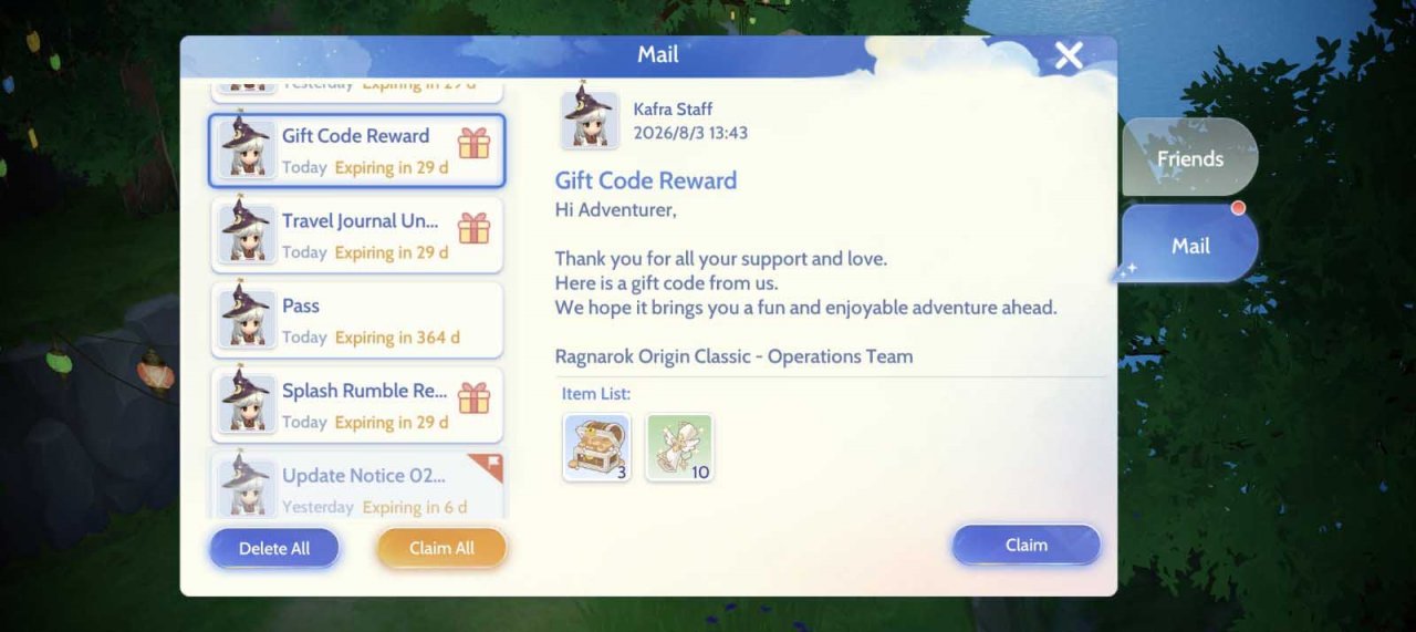 menu showing successful code redemption and expiration
