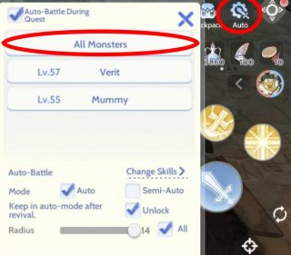 the auto attack menu showing available monsters