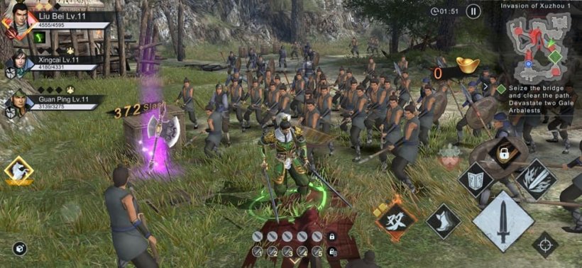 A Chinese-style warrior stands next to a glowing pickup as enemy soldiers close in on him.
