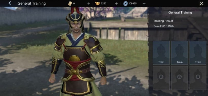 An image of a stoic soldier stood next to a menu for assigning generals to which will offer them further training.