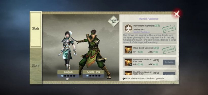 An image of two Chinese-style warriors stood together on a scroll, with skills made available by unlocking them being highlighted.