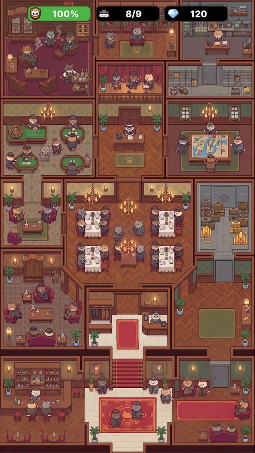 A top-down view of a swanky hotel filled with cats in fine suits.