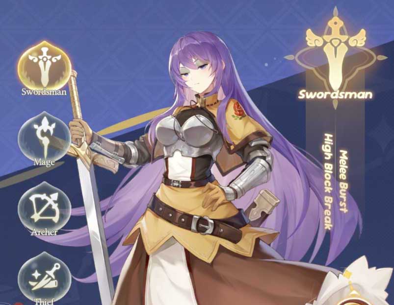 a purple-haired swordswoman posing with her sword