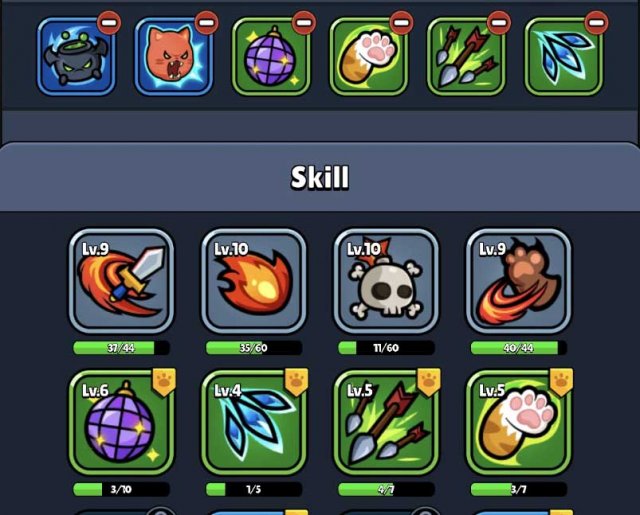a set of icons showing cat skills and their equipped slots