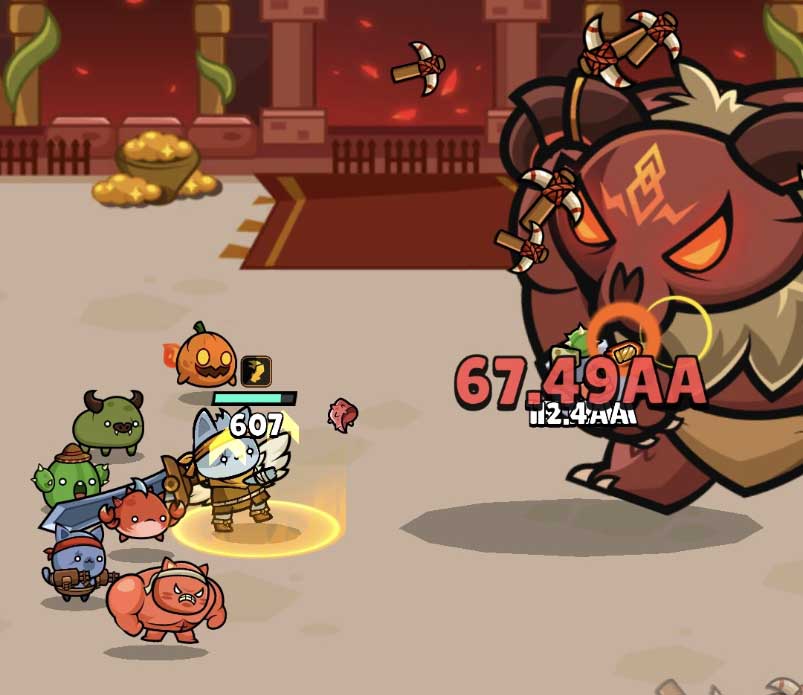 a bunch of cute cats fighting a giant minotaur